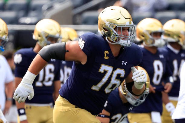 SOUTH BEND, INDIANA - SEPTEMBER 16: Joe Alt #76 of the Notre Dame Fighting Irish warms up before the game against the Central Michigan Chippewas at Notre Dame Stadium on September 16, 2023 in South Bend, Indiana. (Photo by Justin Casterline/Getty Images)