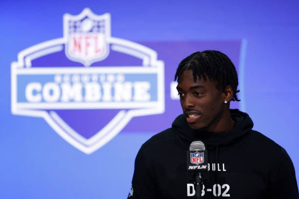 INDIANAPOLIS, INDIANA - FEBRUARY 29: Terrion Arnold #DB02 of the Alabama Crimson Tide speaks to the media during the 2024 NFL Combine at the Indiana Convention Center on February 29, 2024 in Indianapolis, Indiana. (Photo by Justin Casterline/Getty Images)