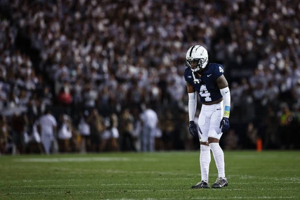 STATE COLLEGE, PA - SEPTEMBER 02: Kalen King #4 of the Penn State Nittany Lions lines up against the West Virginia Mountaineers during the first half of the game at Beaver Stadium on September 2, 2023 in State College, Pennsylvania. (Photo by Scott Taetsch/Getty Images)