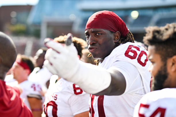 CINCINNATI, OH - SEPTEMBER 23: Oklahoma OL Tyler Guyton (60) following a college football game between the Oklahoma Sooners and Cincinnati Bearcats on September23, 2023 at Nippert Stadium in Cincinnati, OH. (Photo by James Black/Icon Sportswire via Getty Images)