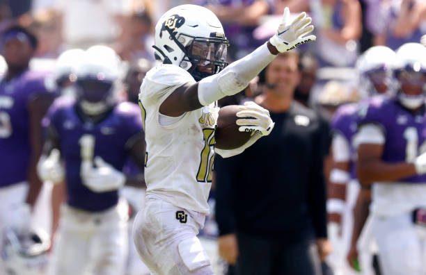 FORT WORTH, TX - SEPTEMBER 2: Travis Hunter #12 of the Colorado Buffaloes signals first down after a catch against the TCU Horned Frogs during the second half at Amon G. Carter Stadium on September 2, 2023 in Fort Worth, Texas. Colorado won 45-42. (Photo by Ron Jenkins/Getty Images)