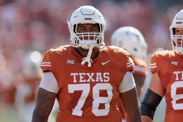 DALLAS, TX - OCTOBER 07: Texas Longhorns offensive lineman Kelvin Banks Jr. (78) on the field during the game against the Oklahoma Sooners on October 7th, 2023 at Cotton Bowl Stadium in Dallas Texas. (Photo by William Purnell/Icon Sportswire via Getty Images)