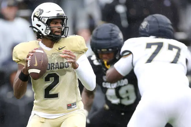 BOULDER, COLORADO - APRIL 27: Quarterback Shedeur Sanders #2 of the Colorado Buffaloes throws during their spring game at Folsom Field on April 27, 2024 in Boulder, Colorado.  (Photo by Matthew Stockman/Getty Images)
