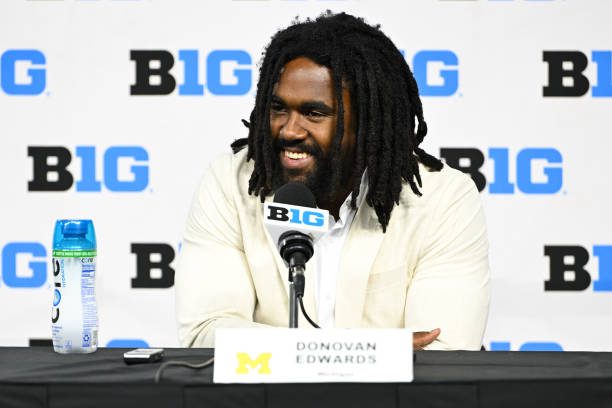 INDIANAPOLIS, IN - JULY 25: Michigan Wolverines RB Donovan Edwards speaks during the 2024 Big Ten Media Days on July 25, 2024 at Lucas Oil Stadium in Indianapolis, IN. (Photo by James Black/Icon Sportswire via Getty Images)