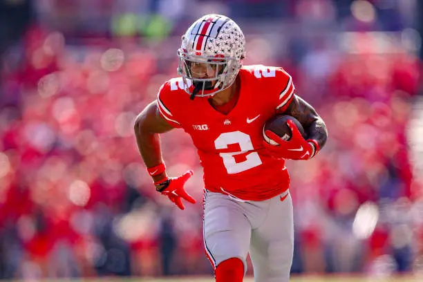 COLUMBUS, OH - OCTOBER 22: Ohio State Buckeyes wide receiver Emeka Egbuka (2) runs after making a catch during the second quarter of the college football game between the Iowa Hawkeyes and Ohio State Buckeyes on October 22, 2022, at Ohio Stadium in Columbus, OH. (Photo by Frank Jansky/Icon Sportswire via Getty Images)