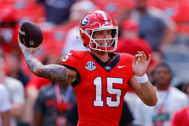 ATHENS, GEORGIA - SEPTEMBER 7: Carson Beck #15 of the Georgia Bulldogs warms up prior to the game against the Tennessee Tech Golden Eagles at Sanford Stadium on September 7, 2024 in Athens, Georgia. (Photo by Todd Kirkland/Getty Images)