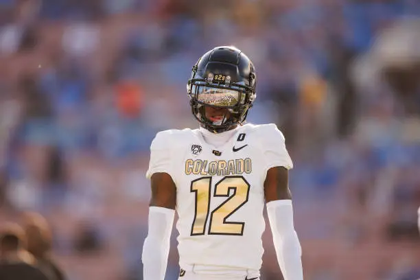 PASADENA, CALIFORNIA - OCTOBER 28: Travis Hunter #12 of the Colorado Buffaloes looks on prior to a game against the UCLA Bruins at Rose Bowl Stadium on October 28, 2023 in Pasadena, California. (Photo by Ryan Kang/Getty Images)