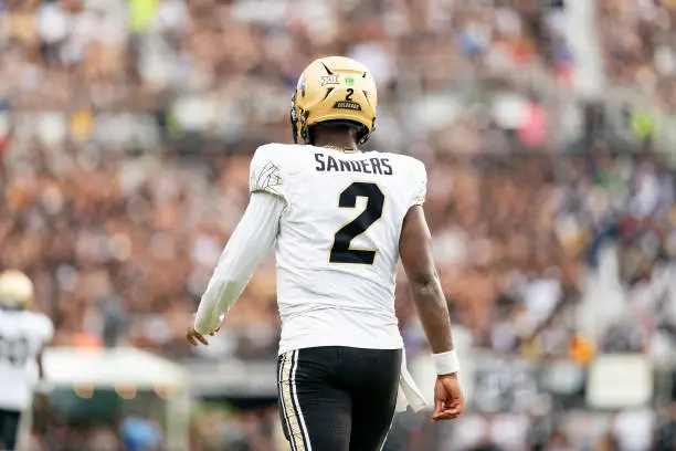 ORLANDO, FL - SEPTEMBER 28:  Colorado Buffaloes quarterback Shedeur Sanders (2) walks onto the field during a college football game between the Colorado Buffaloes and the UCF Knights on September 28th, 2024 at FBC Mortgage Stadium in Orlando, FL. (Photo by Chris Leduc/Icon Sportswire via Getty Images)