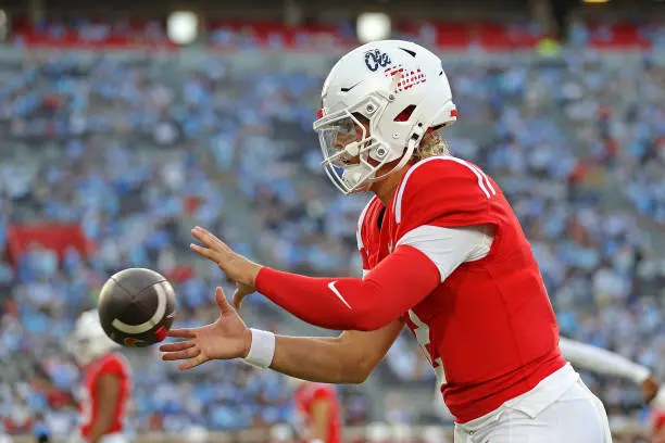 OXFORD, MISSISSIPPI - SEPTEMBER 21: Jaxson Dart #2 of the Mississippi Rebels warms up before the game against the Georgia Southern Eagles at Vaught-Hemingway Stadium on September 21, 2024 in Oxford, Mississippi. (Photo by Justin Ford/Getty Images)