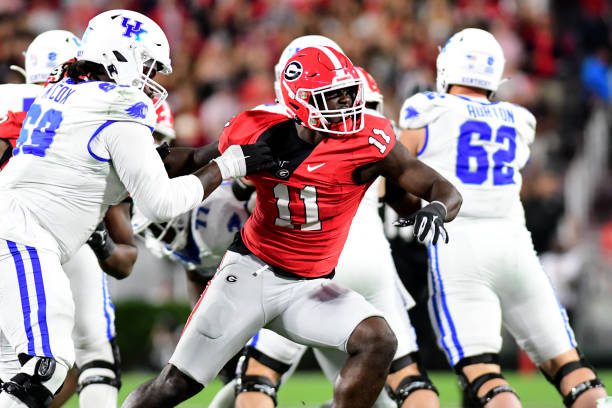 ATHENS, GA - OCTOBER 7: Bulldog defender Jalon Walker #11 during a game between University of Kentucky and University of Georgia at Sanford Stadium on October 7, 2023 in Athens, Georgia. (Photo by Perry McIntyre/ISI Photos/Getty Images)