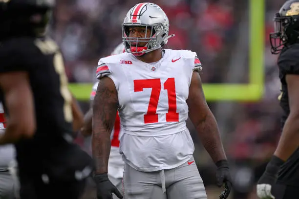 WEST LAFAYETTE, IN - OCTOBER 14: Ohio State Buckeyes offensive lineman Josh Simmons (71) lines up before the snap during the college football game between the Purdue Boilermakers and Ohio State Buckeyes on October 14, 2023, at Ross-Ade Stadium in West Lafayette, IN. (Photo by Zach Bolinger/Icon Sportswire via Getty Images)