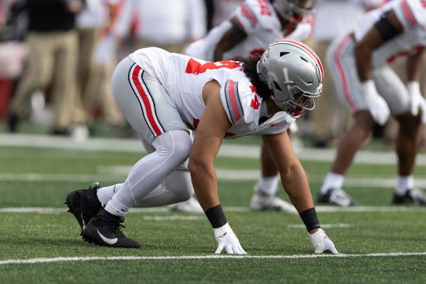 PISCATAWAY, NJ - NOVEMBER 04:  JT Tuimoloau #44 of the Ohio State Buckeyes during the game against the Rutgers Scarlet Knights on November 4, 2023 at SHI Stadium in Piscataway, New Jersey.  (Photo by Rich Graessle/Icon Sportswire via Getty Images)