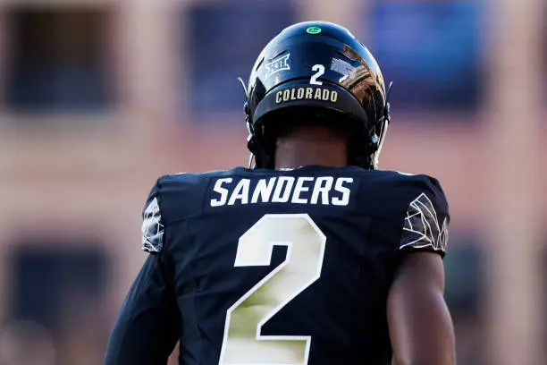 BOULDER, COLORADO - AUGUST 29: Shedeur Sanders #2 of the Colorado Buffaloes back of jersey during a game against North Dakota State Bison at Folsom Field on August 29, 2024 in Boulder, Colorado. (Photo by Ric Tapia/Getty Images)