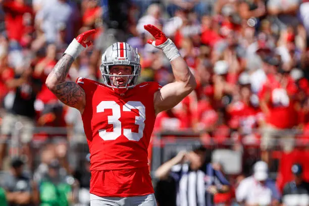 COLUMBUS, OH - SEPTEMBER 21: Ohio State Buckeyes defensive end Jack Sawyer (33) reacts during the game against Marshall Thundering Herd and the Ohio State Buckeyes on September 21, 2024, at Ohio Stadium in Columbus, OH. (Photo by Ian Johnson/Icon Sportswire via Getty Images)