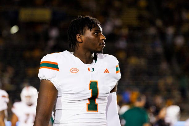 BERKELEY, CALIFORNIA - OCTOBER 5: Cam Ward #1 of the Miami Hurricanes on the sideline during the first half against California Golden Bears at California Memorial Stadium on October 5, 2024 in Berkeley, California. (Photo by Ric Tapia/Getty Images)