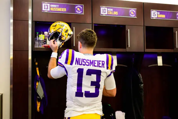 BATON ROUGE, LOUISIANA - OCTOBER 12: Quarterback Garrett Nussmeier #13 of the LSU Tigers pregame against the Ole Miss Rebels at Tiger Stadium on October 12, 2024 in Baton Rouge, Louisiana. (Photo by Gus Stark/LSU/Getty Images)