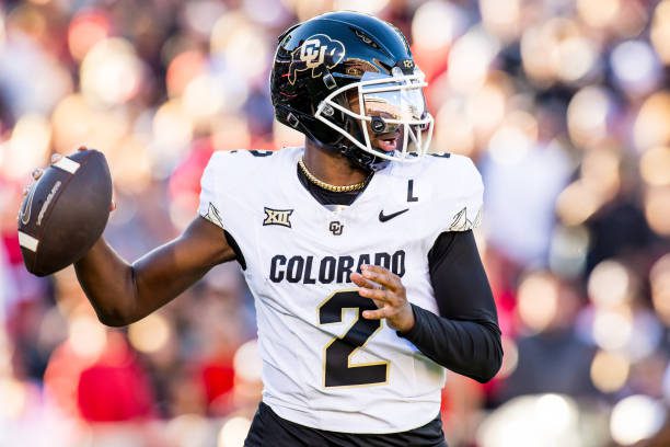 LUBBOCK, TEXAS - NOVEMBER 09: Shedeur Sanders #2 of the Colorado Buffaloes passes the ball during the first half of the game against the Texas Tech Red Raiders at Jones AT&amp;T Stadium on November 09, 2024 in Lubbock, Texas. (Photo by John E. Moore III/Getty Images)