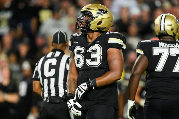 WEST LAFAYETTE, IN - SEPTEMBER 16: Purdue Boilermakers offensive lineman Marcus Mbow (63) looks up at the video board during the college football game between the Purdue Boilermakers and Syracuse Orange on September 16, 2023, at Ross-Ade Stadium in West Lafayette, IN. (Photo by Zach Bolinger/Icon Sportswire via Getty Images)