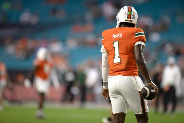 MIAMI GARDENS, FLORIDA - SEPTEMBER 27: Cam Ward #1 of the Miami Hurricanes warms up before the game against the Virginia Tech Hokies at Hard Rock Stadium on September 27, 2024 in Miami Gardens, Florida. (Photo by Michael Pimentel/ISI Photos/Getty Images)