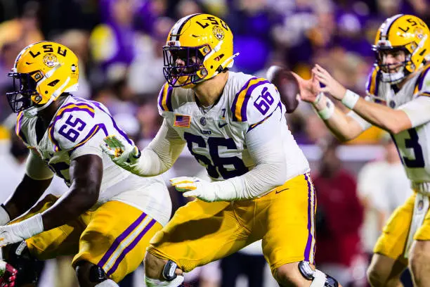 BATON ROUGE, LA - NOVEMBER 9: Will Campbell #66 of the LSU Tigers in action against the Alabama Crimson Tide at Tiger Stadium on November 9, 2024 in Baton Rouge, Louisiana. (Photo by Gus Stark/LSU/University Images via Getty Images)