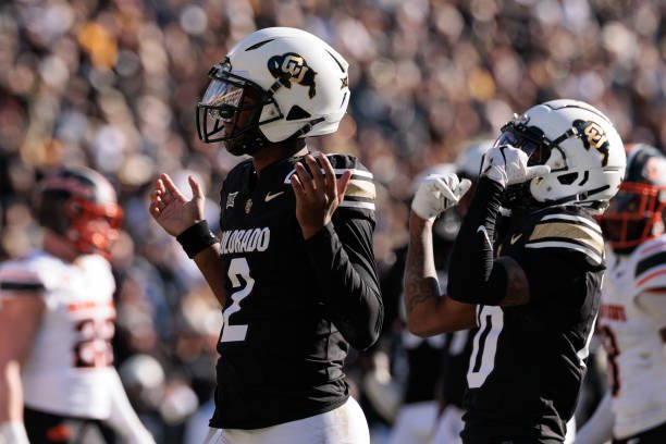 BOULDER, COLORADO - NOVEMBER 29: Shedeur Sanders #2 of the Colorado Buffaloes reacts to a play during the third quarter against the Oklahoma State Cowboys at Folsom Field on November 29, 2024 in Boulder, Colorado. (Photo by Andrew Wevers/Getty Images)