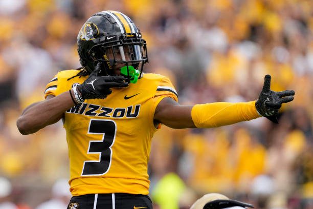 COLUMBIA, MISSOURI - SEPTEMBER 14: Wide receiver Luther Burden III #3 of the Missouri Tigers celebrates a run against the Boston College Eagles in the second half at Faurot Field/Memorial Stadium on September 14, 2024 in Columbia, Missouri. (Photo by Ed Zurga/Getty Images)