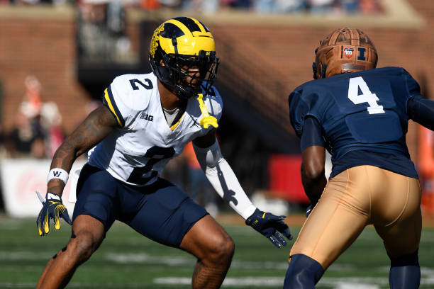 CHAMPAIGN, IL - OCTOBER 19: Michigan Wolverines Defensive Back Will Johnson (2) defends during the college football game between the Michigan Wolverines and the Illinois Fighting Illini on October 19, 2024, at Memorial Stadium, in Champaign, Illinois. (Photo by Michael Allio/Icon Sportswire via Getty Images)