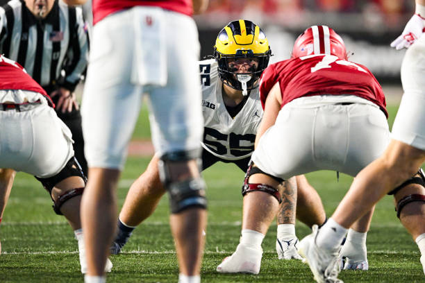 BLOOMINGTON, IN - NOVEMBER 09: Michigan Wolverines DL Mason Graham (55) during a college football game between the Michigan Wolverines and Indiana Hoosiers on November 9, 2024 at Memorial Stadium in Bloomington, IN (Photo by James Black/Icon Sportswire via Getty Images)