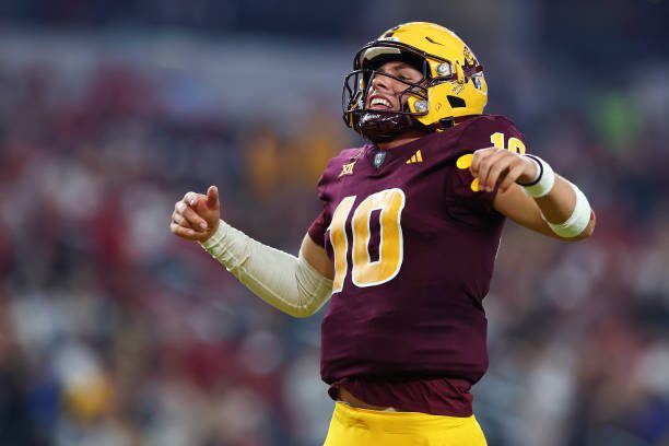 ARLINGTON, TEXAS - DECEMBER 7: Sam Leavitt #10 of the Arizona State Sun Devils celebrates during the second half of the Big 12 Championship game against the Iowa State Cyclones at AT&amp;T Stadium on December 7, 2024 in Arlington, Texas. (Photo by Aaron M. Sprecher/Getty Images)