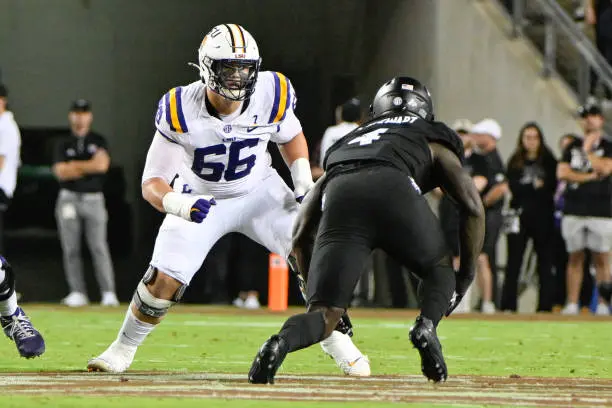 COLLEGE STATION, TX - OCTOBER 26: LSU Tigers offensive tackle Will Campbell (66) prepares to block Texas A&amp;M Aggies defensive lineman Shemar Stewart (4) during the football game between the LSU Tigers and Texas A&amp;M Aggies on October 26, 2024 at Kyle Field in College Station, Texas. (Photo by Ken Murray/Icon Sportswire via Getty Images)