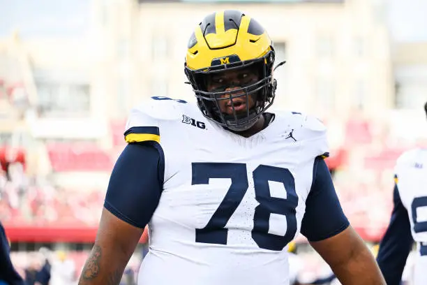 BLOOMINGTON, IN - NOVEMBER 09: Michigan Wolverines DL Kenneth Grant (78) warms up prior to a college football game between the Michigan Wolverines and Indiana Hoosiers on November 9, 2024 at Memorial Stadium in Bloomington, IN (Photo by James Black/Icon Sportswire via Getty Images)