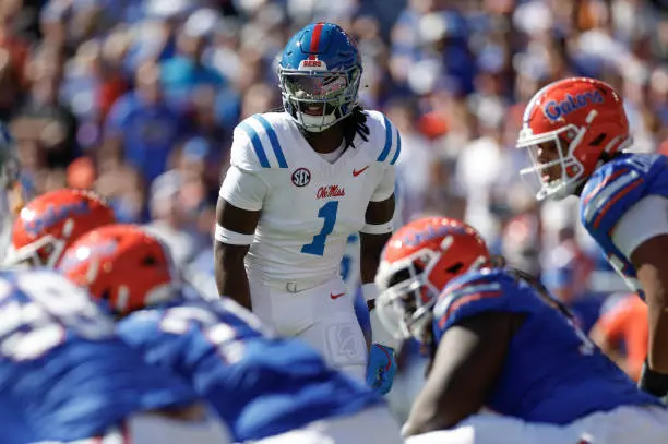 GAINESVILLE, FL - NOVEMBER 23: Mississippi Rebels defensive end Princely Umanmielen (1) lines up for a play during the game between the Florida Gators and the Mississippi Rebels on November 23, 2024 at Ben Hill Griffin Stadium at Florida Field in Gainesville, Fl. (Photo by David Rosenblum/Icon Sportswire via Getty Images)