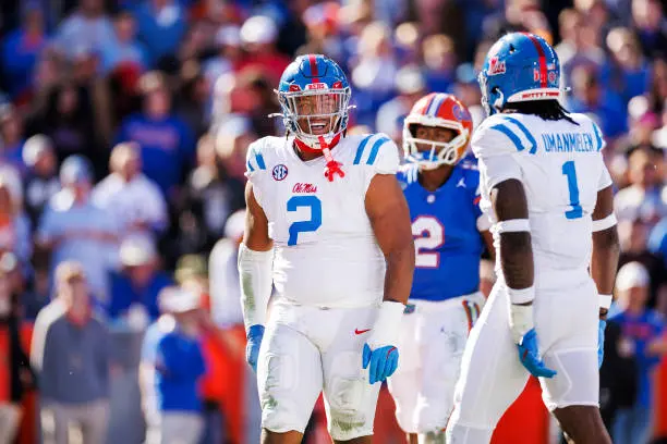 GAINESVILLE, FLORIDA - NOVEMBER 23: Walter Nolen #2 of the Mississippi Rebels reacts during the first half of a game against the Florida Gators at Ben Hill Griffin Stadium on November 23, 2024 in Gainesville, Florida. (Photo by James Gilbert/Getty Images)