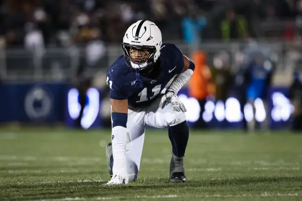 STATE COLLEGE, PA - NOVEMBER 30: Abdul Carter #11 of the Penn State Nittany Lions lines up against the Maryland Terrapins during the second half at Beaver Stadium on November 30, 2024 in State College, Pennsylvania. (Photo by Scott Taetsch/Getty Images)