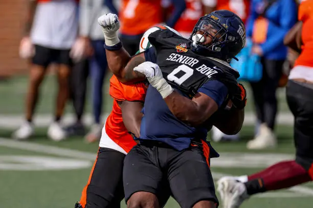 MOBILE, ALABAMA - JANUARY 29: Darius Alexander #9 of Toledo during Senior Bowl practice at Hancock Whitney Stadium on January 29, 2025 in Mobile, Alabama. (Photo by Derick E. Hingle/Getty Images)