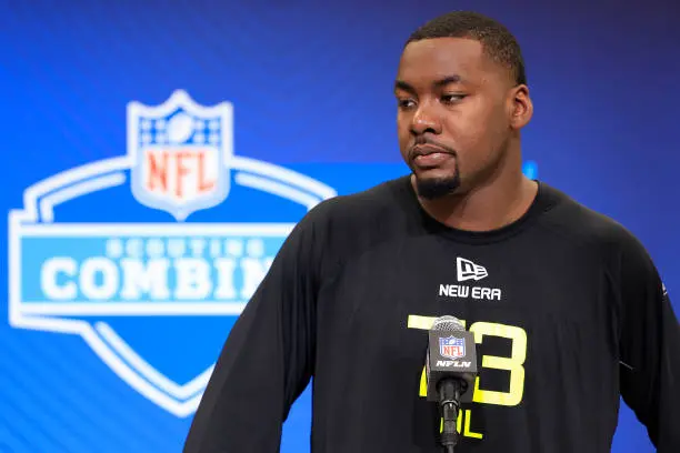 INDIANAPOLIS, INDIANA - FEBRUARY 26: Mykel Williams #DL73 of Georgia speaks to the media during the 2025 NFL Combine at the Indiana Convention Center on February 26, 2025 in Indianapolis, Indiana. (Photo by Justin Casterline/Getty Images)