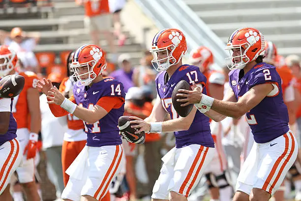 gettyimages-2208488133-612x612 CLEMSON, SC - APRIL 05: Clemson Tigers quarterback Trent Pearman (14), quarterback Christopher Vizzina (17) and quarterback Cade Klubnik (2) during the Clemson Tigers college Orange and White spring football game on April 5, 2025 at Clemson Memorial Stadium in Clemson, S.C. (Photo by John Byrum/Icon Sportswire via Getty Images)