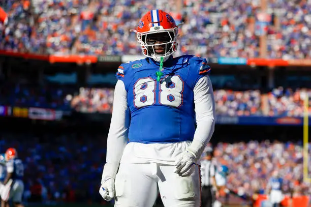 GAINESVILLE, FL - NOVEMBER 23: Florida Gators defensive lineman Caleb Banks (88) reacts after a play during the game between the Florida Gators and the Mississippi Rebels on November 23, 2024 at Ben Hill Griffin Stadium at Florida Field in Gainesville, Fl. (Photo by David Rosenblum/Icon Sportswire via Getty Images)