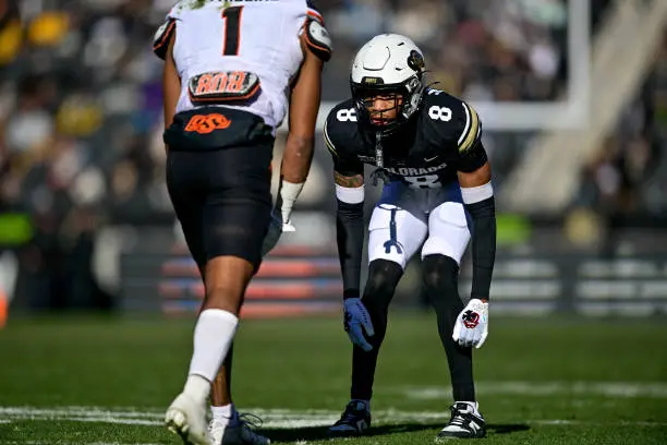 BOULDER, CO - NOVEMBER 29:  DJ McKinney #8 of the Colorado Buffaloes lines up on defense against the Oklahoma State Cowboys in the second quarter at Folsom Field on November 29, 2024 in Boulder, Colorado. (Photo by Dustin Bradford/Getty Images)