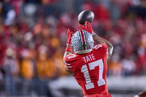 COLUMBUS, OHIO - DECEMBER 21: Ohio State Buckeyes wide receiver Carnell Tate (17) catches the football in action during the College Football Playoff First Round game between the Tennessee Volunteers and the Ohio State Buckeyes at Ohio Stadium on December 21, 2024 in Columbus, Ohio. (Photo by Robin Alam/ISI Photos/Getty Images)