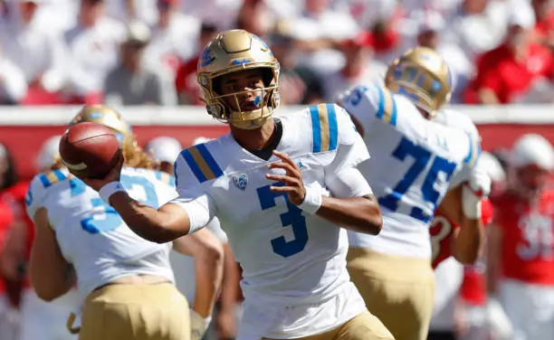 SALT LAKE CITY, UT - SEPTEMBER 23:  Dante Moore #3   of the UCLA Bruins throws a pass during the first half of their game against the Utah Utes at Rice-Eccles Stadium September 23, 2023 in Salt Lake City, Utah. (Photo by Chris Gardner/Getty Images)