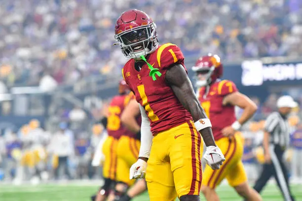 LAS VEGAS, NV - SEPTEMBER 01: USC Trojans wide receiver Zachariah Branch (1) celebrates during the Modelo Vegas Kickoff Classic game between the LSU Tigers and the USC Trojans on September 1, 2024 at Allegiant Stadium in Las Vegas, Nevada. (Photo by Brian Rothmuller/Icon Sportswire via Getty Images)