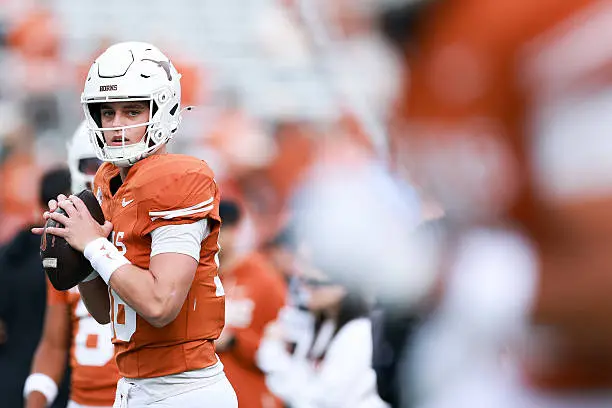AUSTIN, TEXAS - NOVEMBER 01: Arch Manning #16 of the Texas Longhorns warms up prior to the game against the Vanderbilt Commodores at Darrell K Royal-Texas Memorial Stadium on November 01, 2025 in Austin, Texas. (Photo by Kenneth Richmond/Getty Images)
