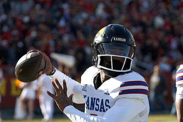 AMES, IA - NOVEMBER 22: Quarterback Jalon Daniels #6 of the Kansas Jayhawks threw the ball during pregame warmups at Jack Trice Stadium on November 22, 2025, in Ames, Iowa. (Photo by David K Purdy/Getty Images)