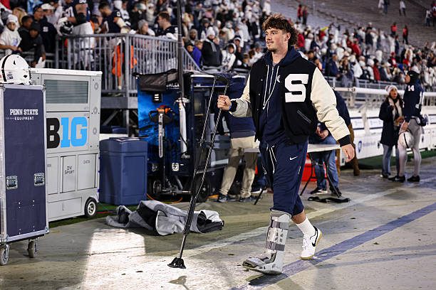 STATE COLLEGE, PA - NOVEMBER 22: Drew Allar #15 of the Penn State Nittany Lions walks the sideline after the game against the Nebraska Cornhuskers at West Shore Home Field at Beaver Stadium on November 22, 2025 in State College, Pennsylvania. (Photo by Scott Taetsch/Getty Images)