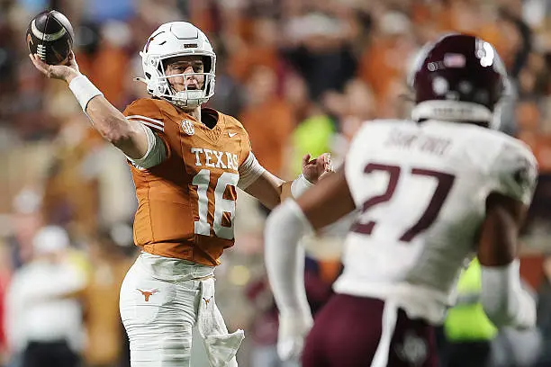 AUSTIN, TEXAS - NOVEMBER 28: Arch Manning #16 of the Texas Longhorns throws a pass against the Texas A&amp;M Aggies during the third quarter at Darrell K Royal-Texas Memorial Stadium on November 28, 2025 in Austin, Texas. (Photo by Alex Slitz/Getty Images)
