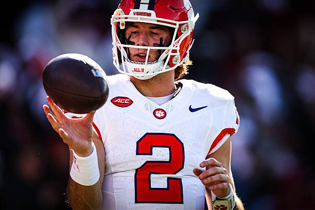 COLUMBIA, SOUTH CAROLINA - NOVEMBER 29: Cade Klubnik #2 of the Clemson Tigers warms up during the first half of a football game against the South Carolina Gamecocks at Williams-Brice Stadium on November 29, 2025 in Columbia, South Carolina. (Photo by David Jensen/Getty Images)