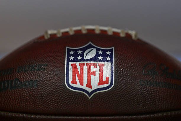 BEREA, OHIO - MAY 10: A detail view of the NFL Shield logo on a ball during rookie minicamp at CrossCountry Mortgage Campus on May 10, 2025 in Berea, Ohio. (Photo by Aaron M. Sprecher/Getty Images)