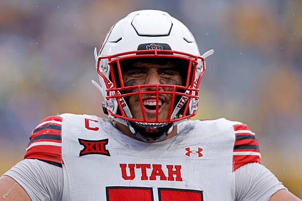 MORGANTOWN, WV - SEPTEMBER 27: Spencer Fano #55 of the Utah Utes reacts during a college football game against the West Virginia Mountaineers on September 27, 2025 at Mountaineer Field at Milan Puskar Stadium in Morgantown, West Virginia. (Photo by Joe Robbins/Icon Sportswire via Getty Images)