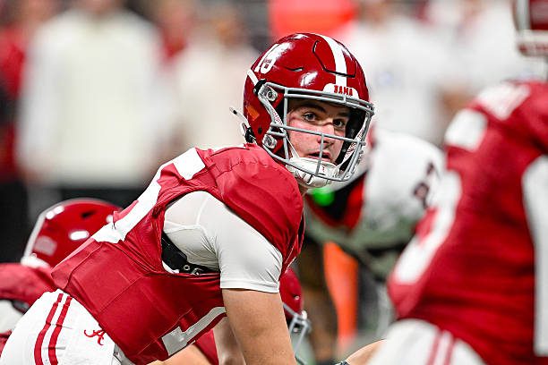 ATLANTA, GA - DECEMBER 06:  Alabama quarterback Ty Simpson (15) under center during the SEC Championship college football game between the Alabama Crimson Tide and the Georgia Bulldogs on December 6th, 2025 at Mercedes-Benz Stadium in Atlanta, GA.  (Photo by Rich von Biberstein/Icon Sportswire via Getty Images)